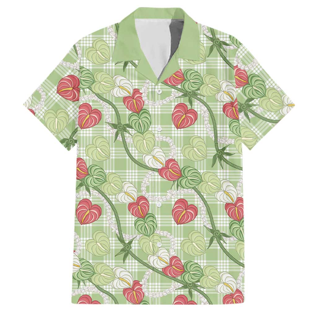 Anthurium Pikake Ti Leaf Palaka Family Matching Off The Shoulder Long Sleeve Dress and Hawaiian Shirt Green Version