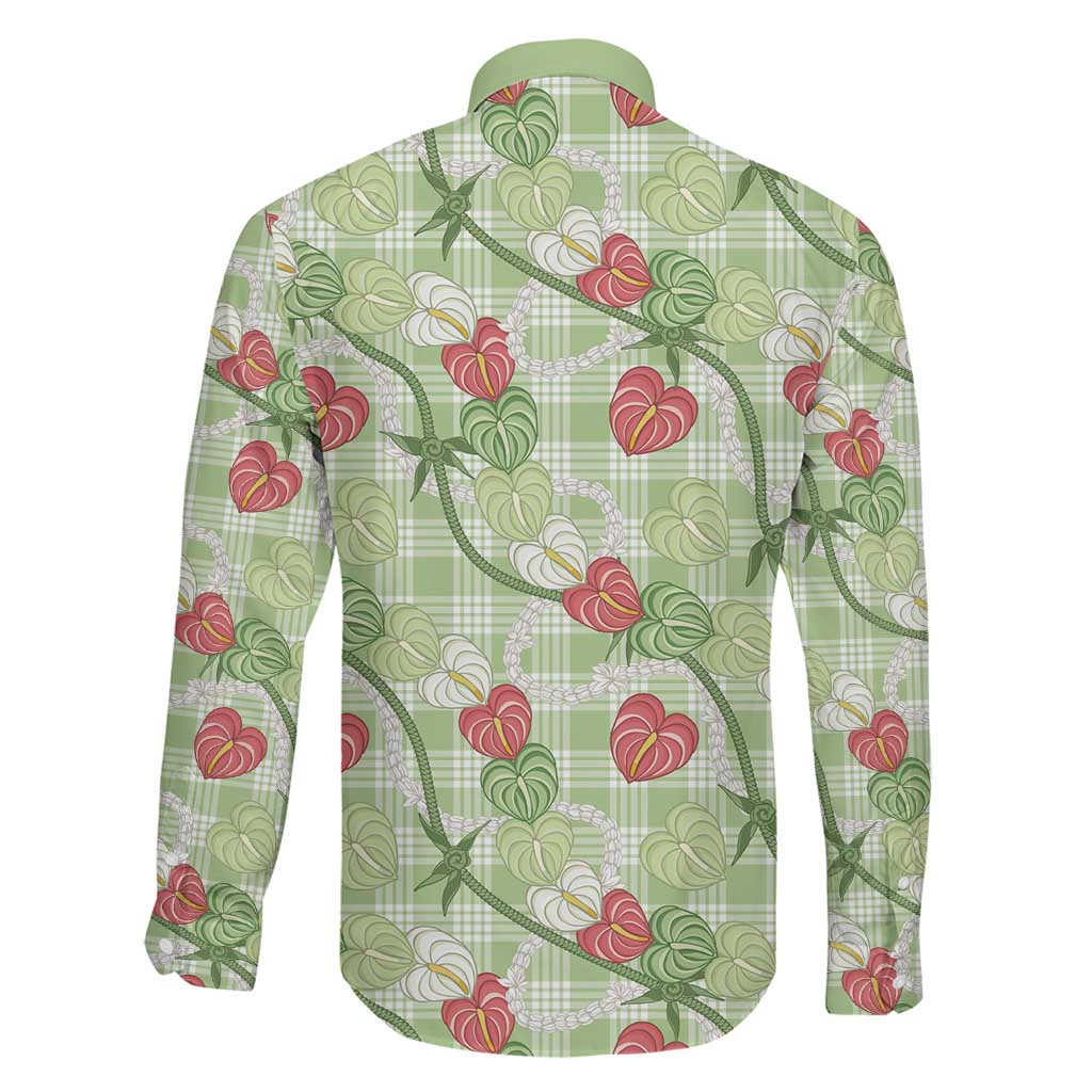 Anthurium Pikake Ti Leaf Palaka Family Matching Off The Shoulder Long Sleeve Dress and Hawaiian Shirt Green Version
