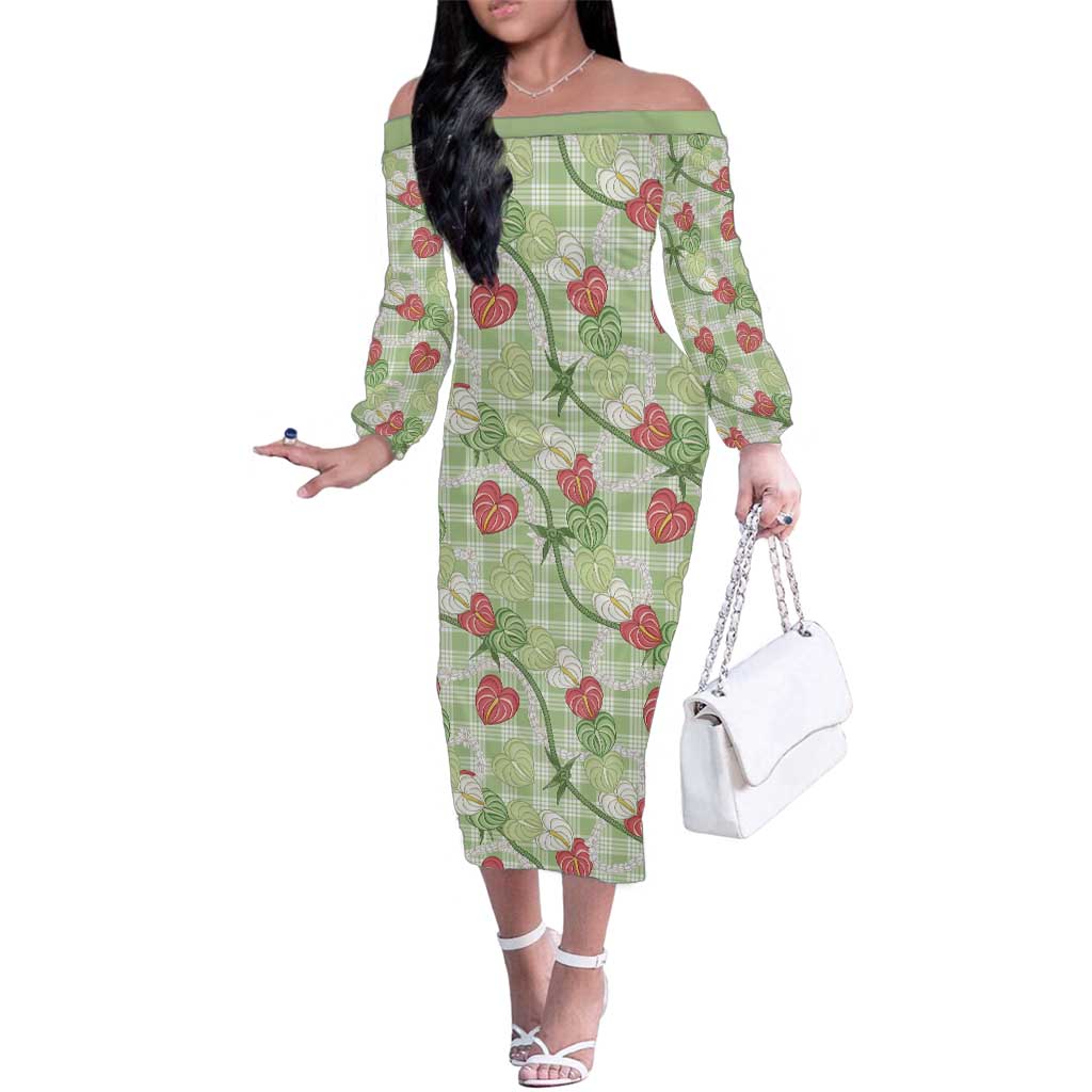 Anthurium Pikake Ti Leaf Palaka Family Matching Off The Shoulder Long Sleeve Dress and Hawaiian Shirt Green Version