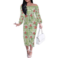 Anthurium Pikake Ti Leaf Palaka Family Matching Off The Shoulder Long Sleeve Dress and Hawaiian Shirt Green Version