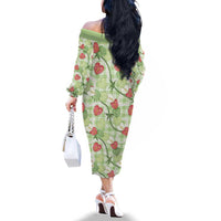 Anthurium Pikake Ti Leaf Palaka Family Matching Off The Shoulder Long Sleeve Dress and Hawaiian Shirt Green Version