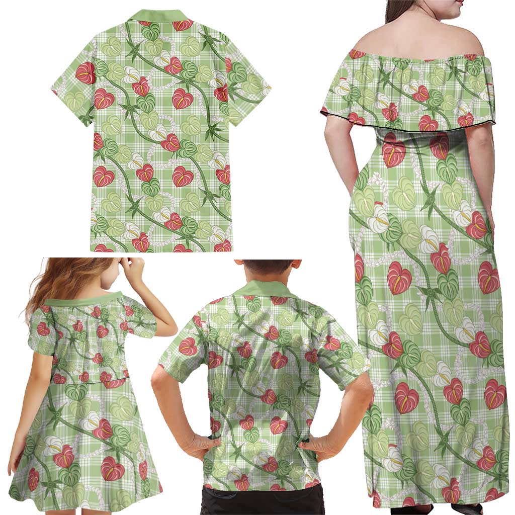 Anthurium Pikake Ti Leaf Palaka Family Matching Off Shoulder Maxi Dress and Hawaiian Shirt Green Version
