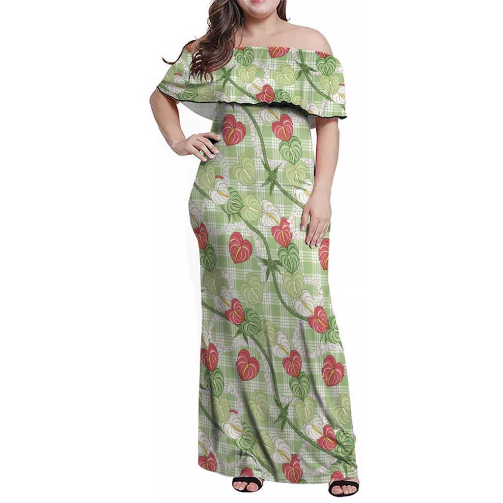 Anthurium Pikake Ti Leaf Palaka Family Matching Off Shoulder Maxi Dress and Hawaiian Shirt Green Version