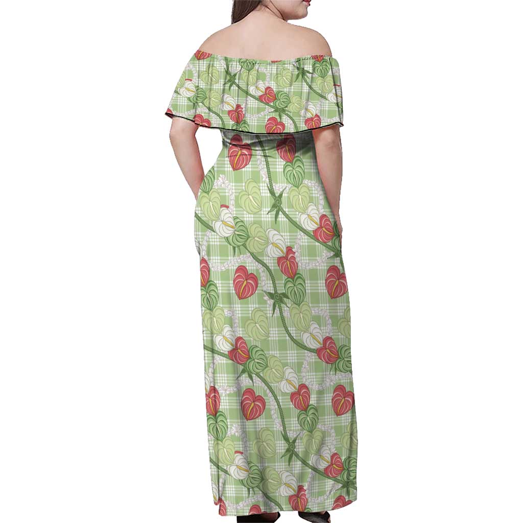 Anthurium Pikake Ti Leaf Palaka Family Matching Off Shoulder Maxi Dress and Hawaiian Shirt Green Version