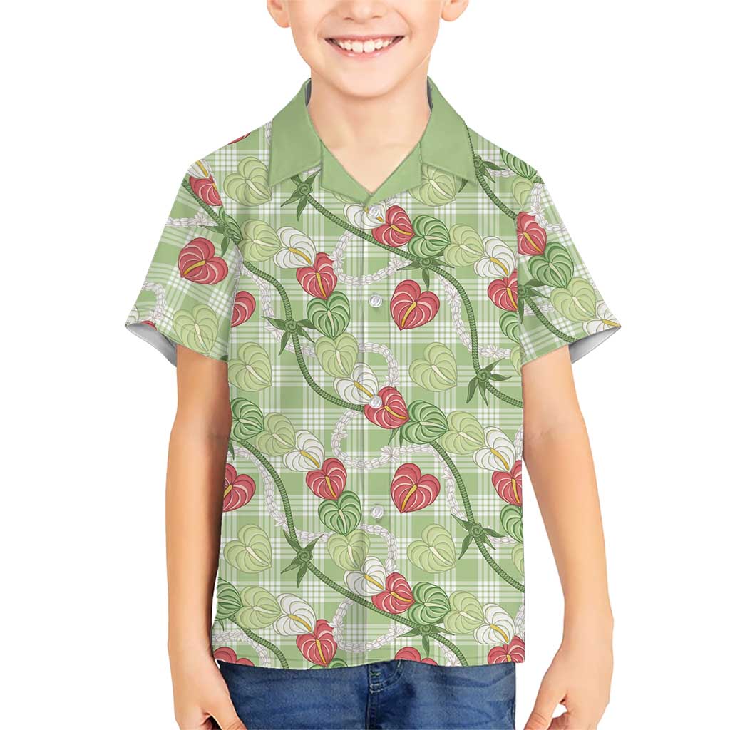 Anthurium Pikake Ti Leaf Palaka Family Matching Off Shoulder Maxi Dress and Hawaiian Shirt Green Version