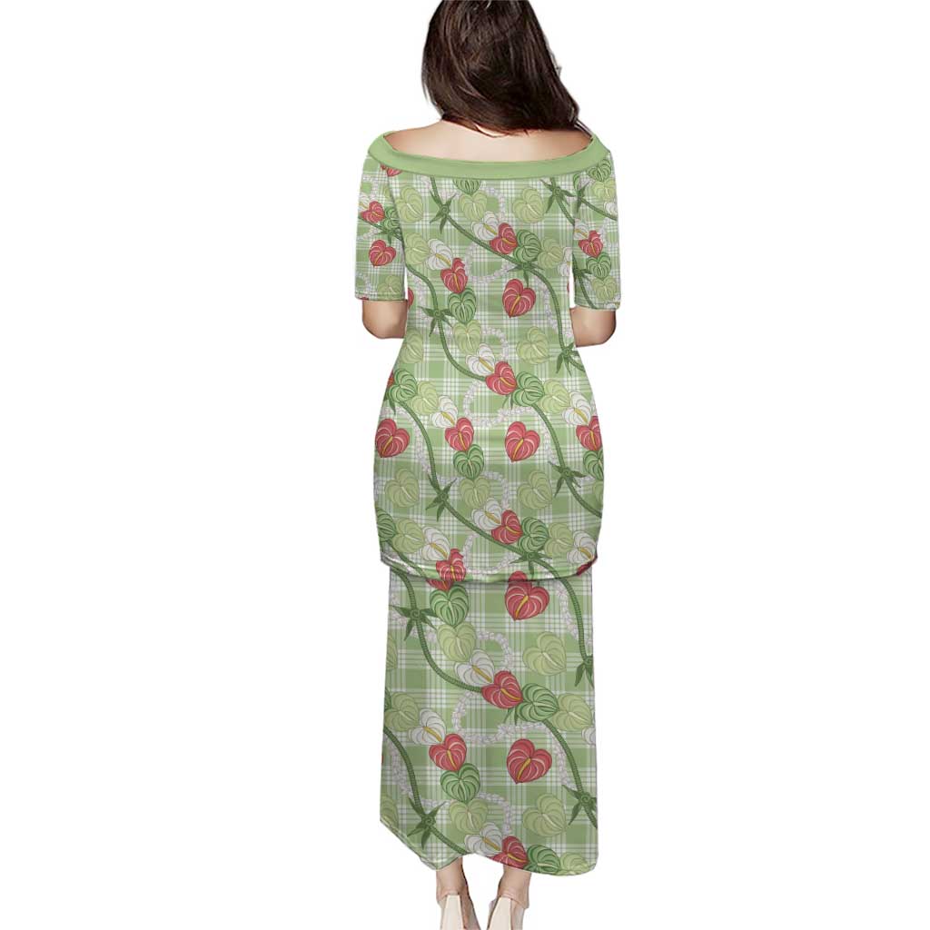 Anthurium Pikake Ti Leaf Palaka Family Matching Puletasi and Hawaiian Shirt Green Version LT01 - Polynesian Pride
