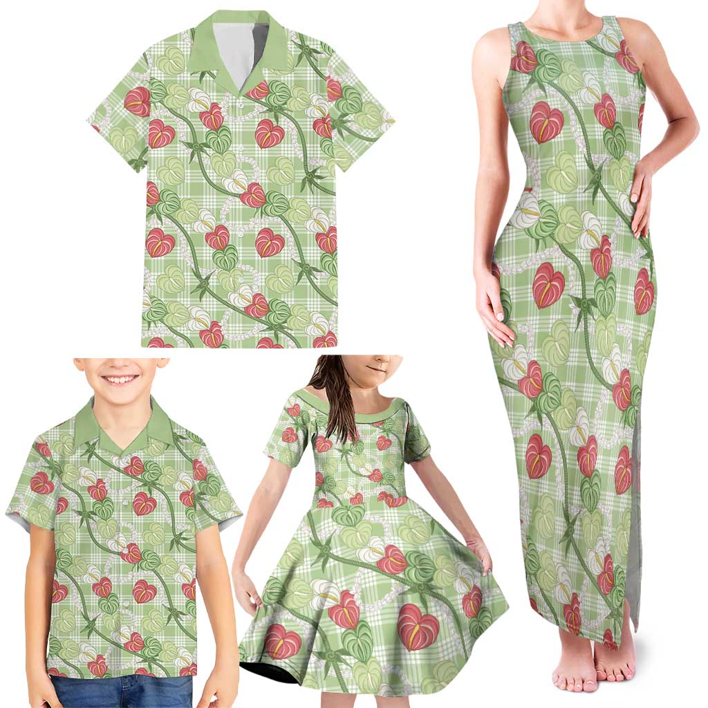 Anthurium Pikake Ti Leaf Palaka Family Matching Tank Maxi Dress and Hawaiian Shirt Green Version LT01 - Polynesian Pride