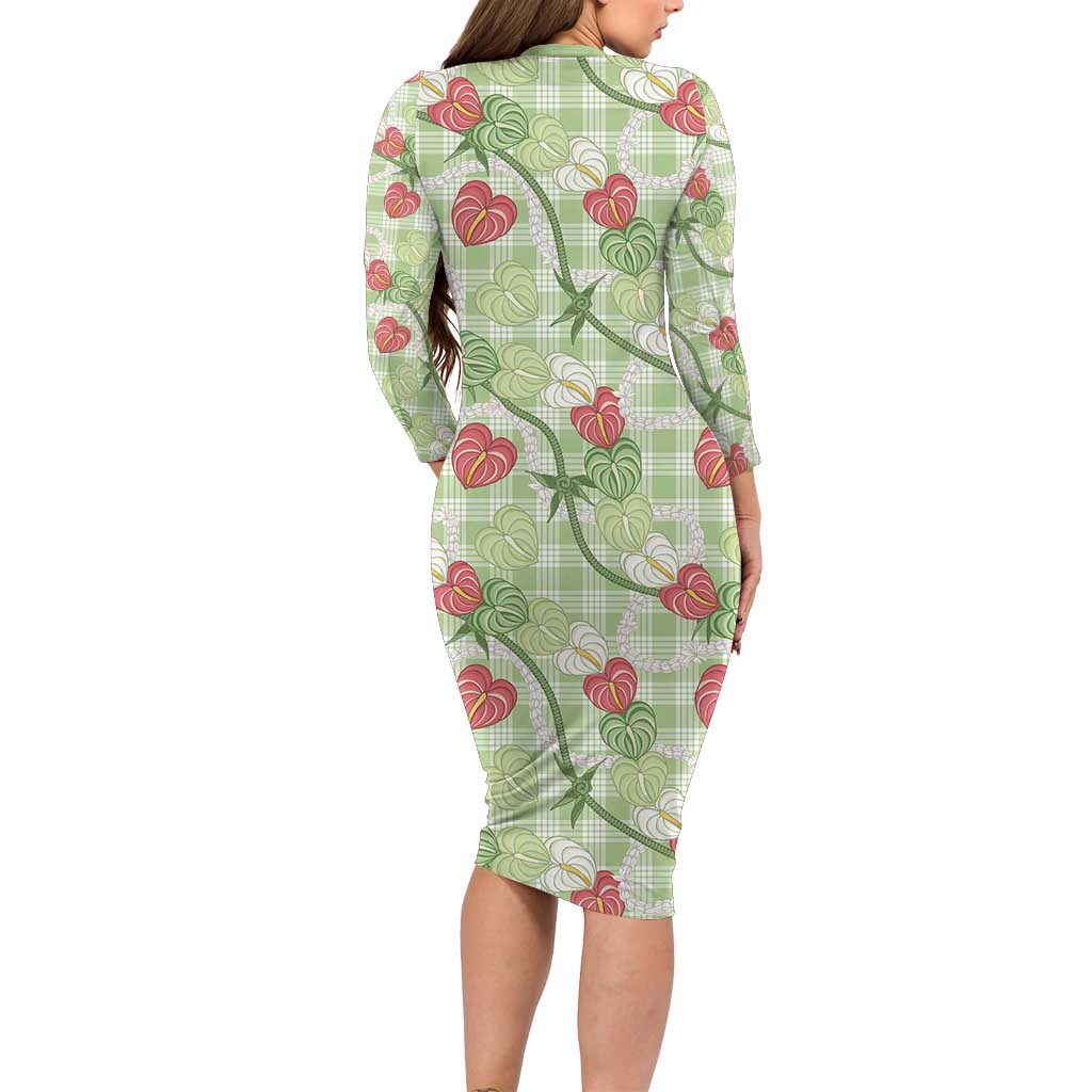Anthurium Pikake Ti Leaf Palaka Long Sleeve Bodycon Dress Green Version LT01 - Polynesian Pride
