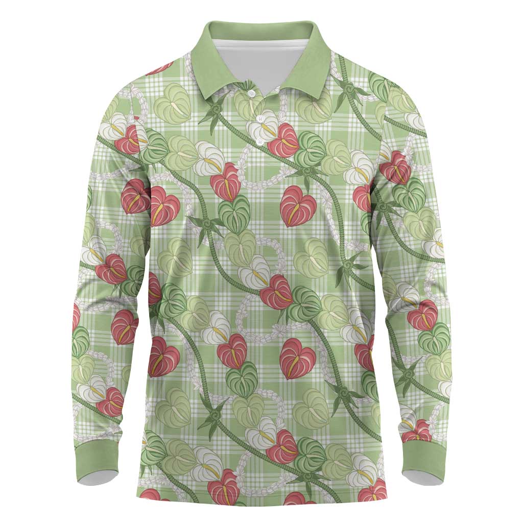 Anthurium Pikake Ti Leaf Palaka Long Sleeve Polo Shirt Green Version LT01 Green - Polynesian Pride