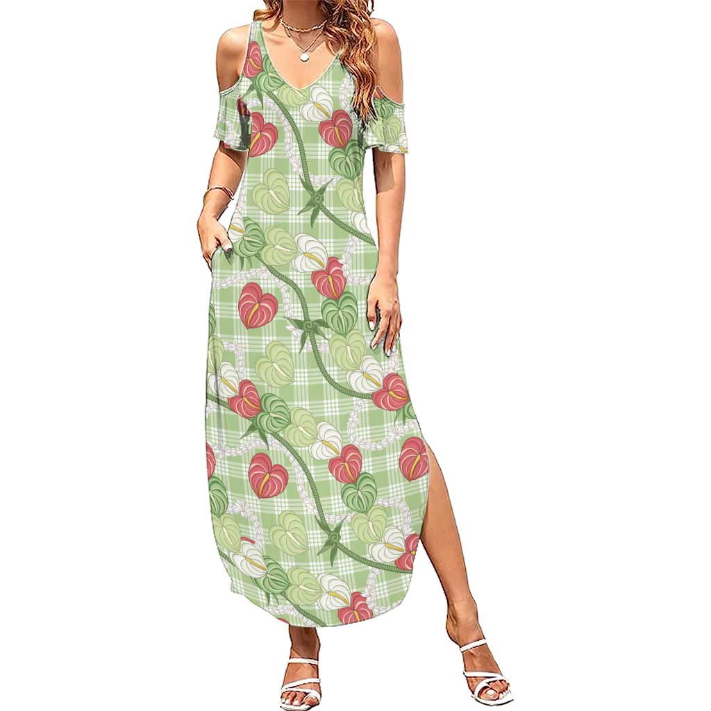Anthurium Pikake Ti Leaf Palaka Summer Maxi Dress Green Version