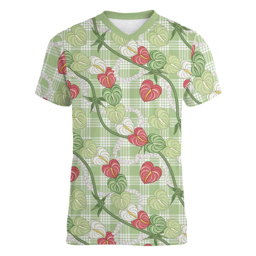 Anthurium Pikake Ti Leaf Palaka Women V-Neck T-Shirt Green Version LT01 Female Green - Polynesian Pride