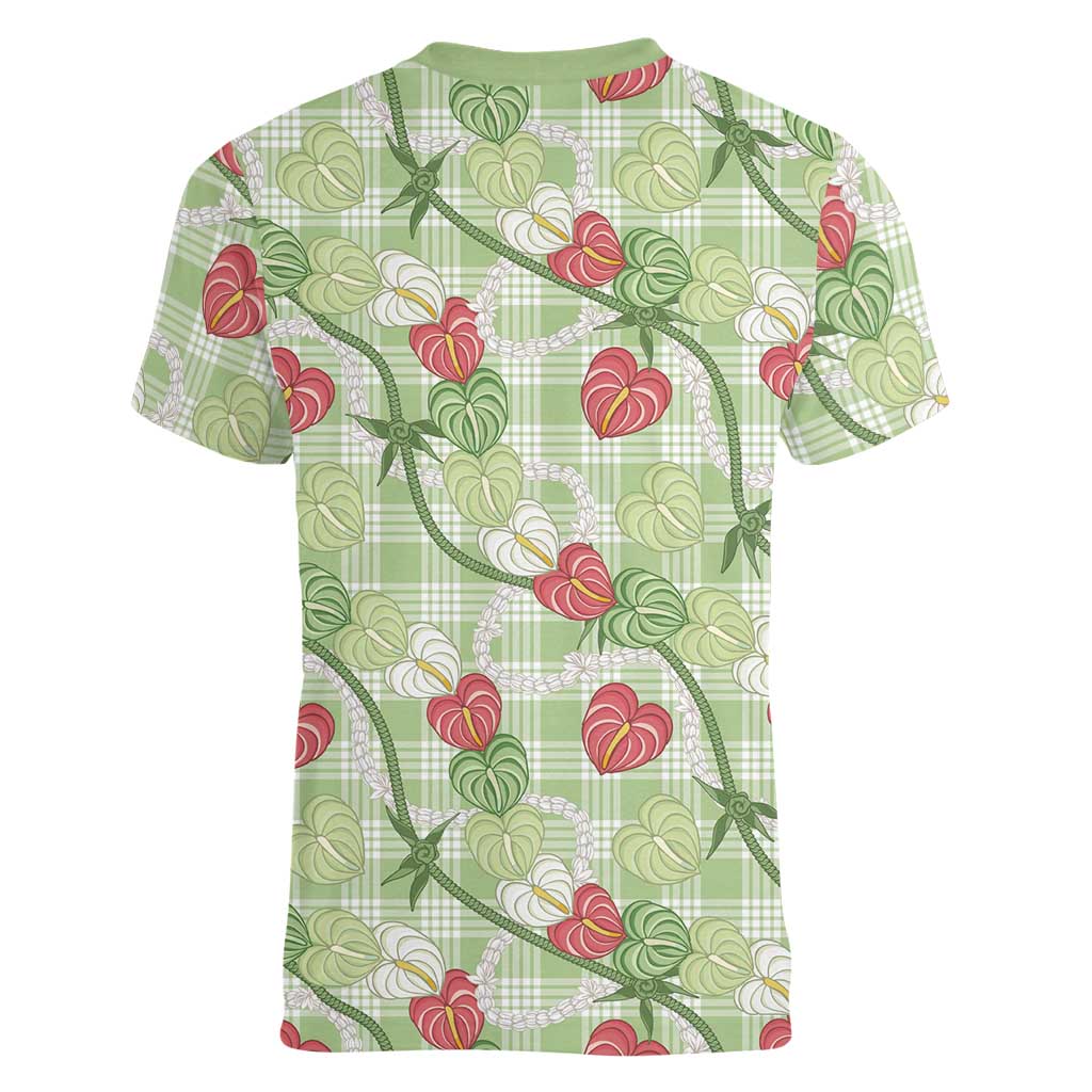 Anthurium Pikake Ti Leaf Palaka Women V-Neck T-Shirt Green Version LT01 - Polynesian Pride