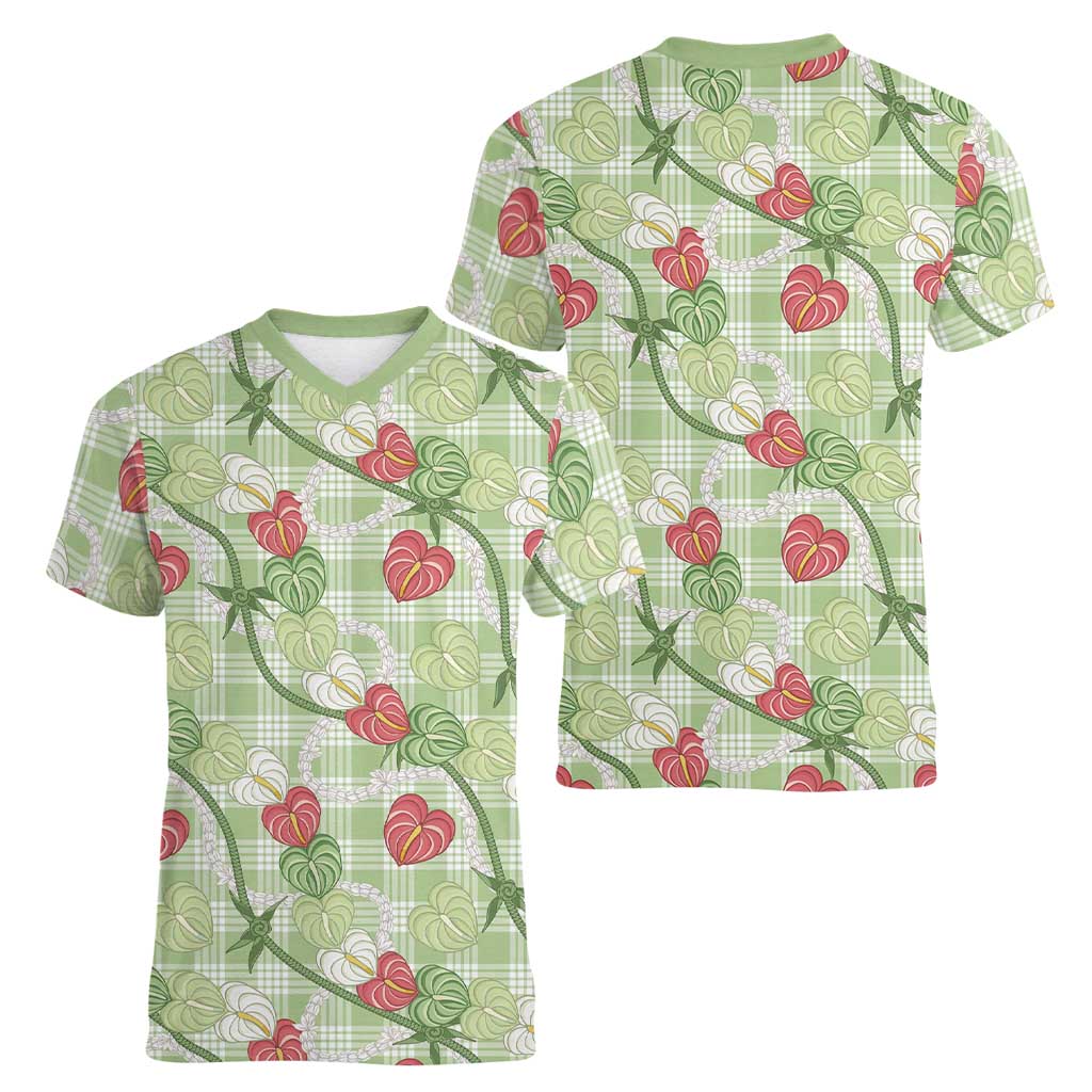 Anthurium Pikake Ti Leaf Palaka Women V-Neck T-Shirt Green Version LT01 - Polynesian Pride