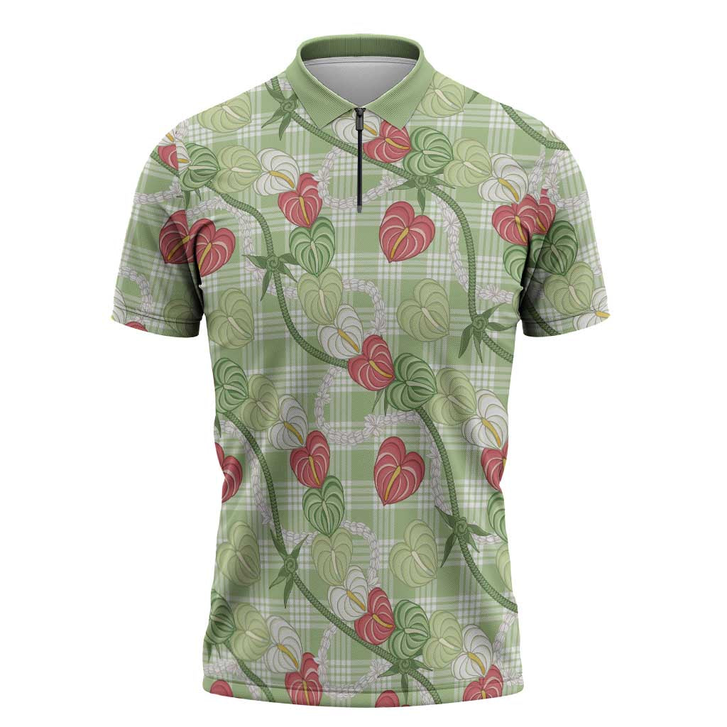 Anthurium Pikake Ti Leaf Palaka Zipper Polo Shirt Green Version LT01 Green - Polynesian Pride