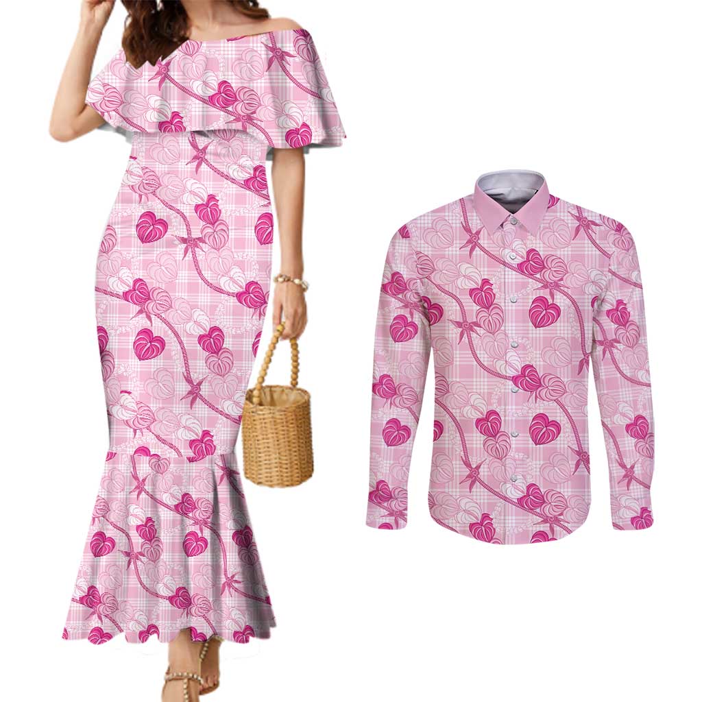 Anthurium Pikake Ti Leaf Palaka Couples Matching Mermaid Dress and Long Sleeve Button Shirt Pink Version LT01 Pink - Polynesian Pride