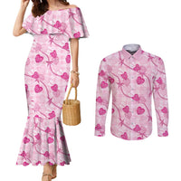 Anthurium Pikake Ti Leaf Palaka Couples Matching Mermaid Dress and Long Sleeve Button Shirt Pink Version LT01 Pink - Polynesian Pride