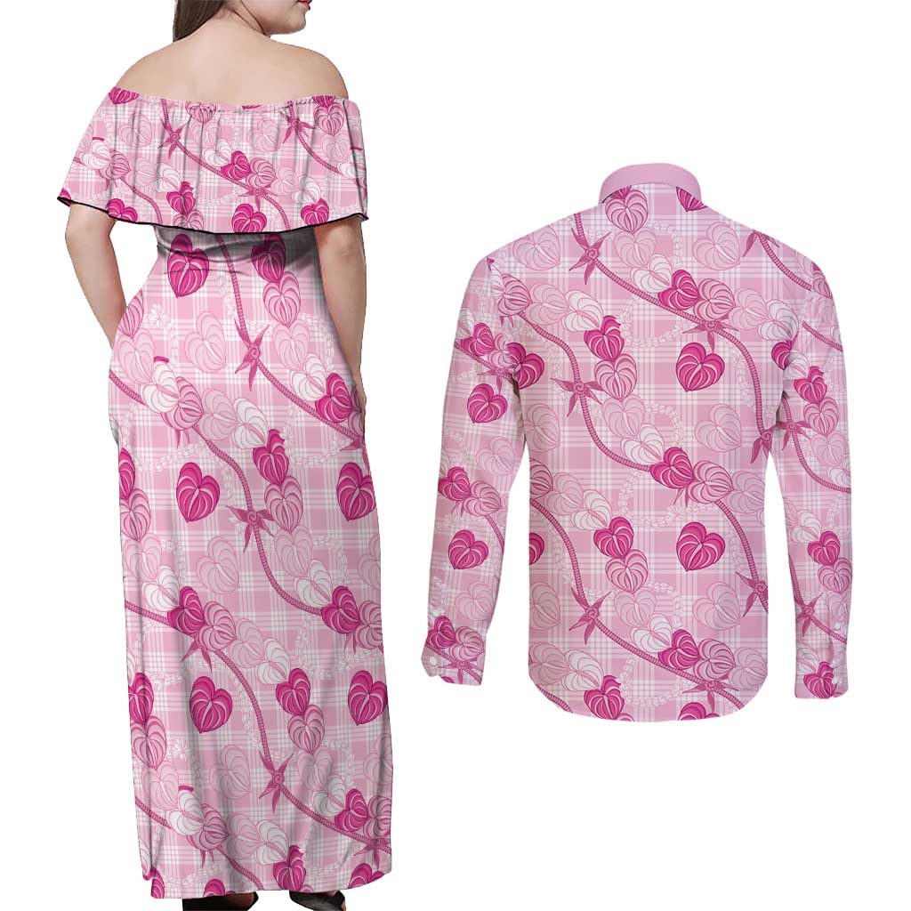 Anthurium Pikake Ti Leaf Palaka Couples Matching Off Shoulder Maxi Dress and Long Sleeve Button Shirt Pink Version LT01 - Polynesian Pride