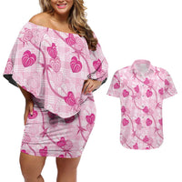 Anthurium Pikake Ti Leaf Palaka Couples Matching Off Shoulder Short Dress and Hawaiian Shirt Pink Version