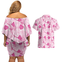 Anthurium Pikake Ti Leaf Palaka Couples Matching Off Shoulder Short Dress and Hawaiian Shirt Pink Version