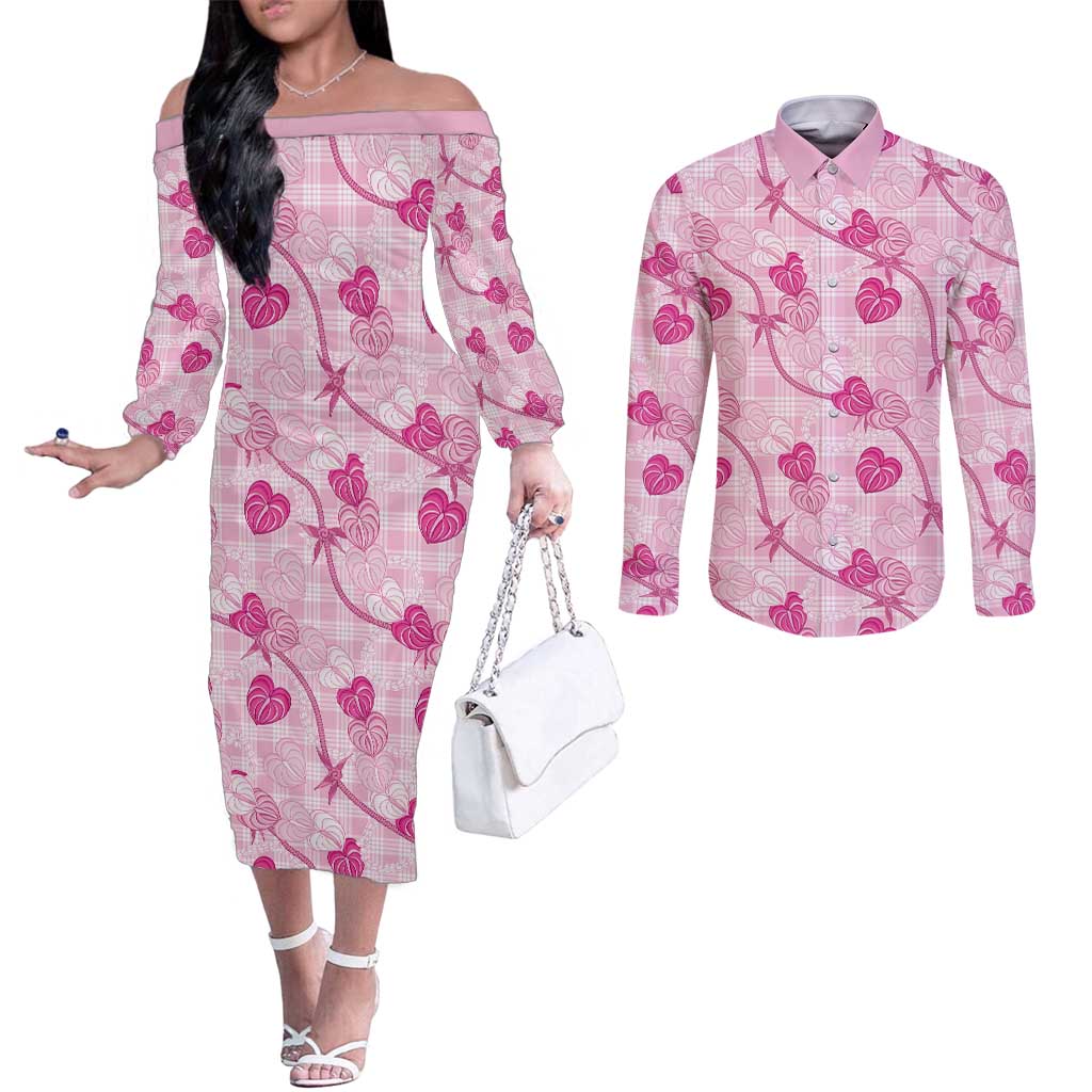 Anthurium Pikake Ti Leaf Palaka Couples Matching Off The Shoulder Long Sleeve Dress and Long Sleeve Button Shirt Pink Version LT01 Pink - Polynesian Pride