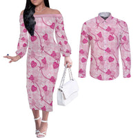 Anthurium Pikake Ti Leaf Palaka Couples Matching Off The Shoulder Long Sleeve Dress and Long Sleeve Button Shirt Pink Version LT01 Pink - Polynesian Pride