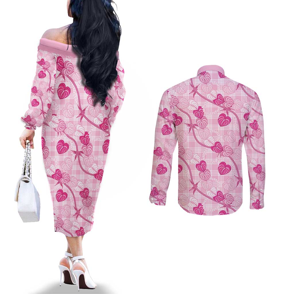 Anthurium Pikake Ti Leaf Palaka Couples Matching Off The Shoulder Long Sleeve Dress and Long Sleeve Button Shirt Pink Version LT01 - Polynesian Pride