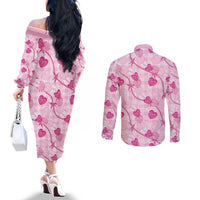 Anthurium Pikake Ti Leaf Palaka Couples Matching Off The Shoulder Long Sleeve Dress and Long Sleeve Button Shirt Pink Version LT01 - Polynesian Pride
