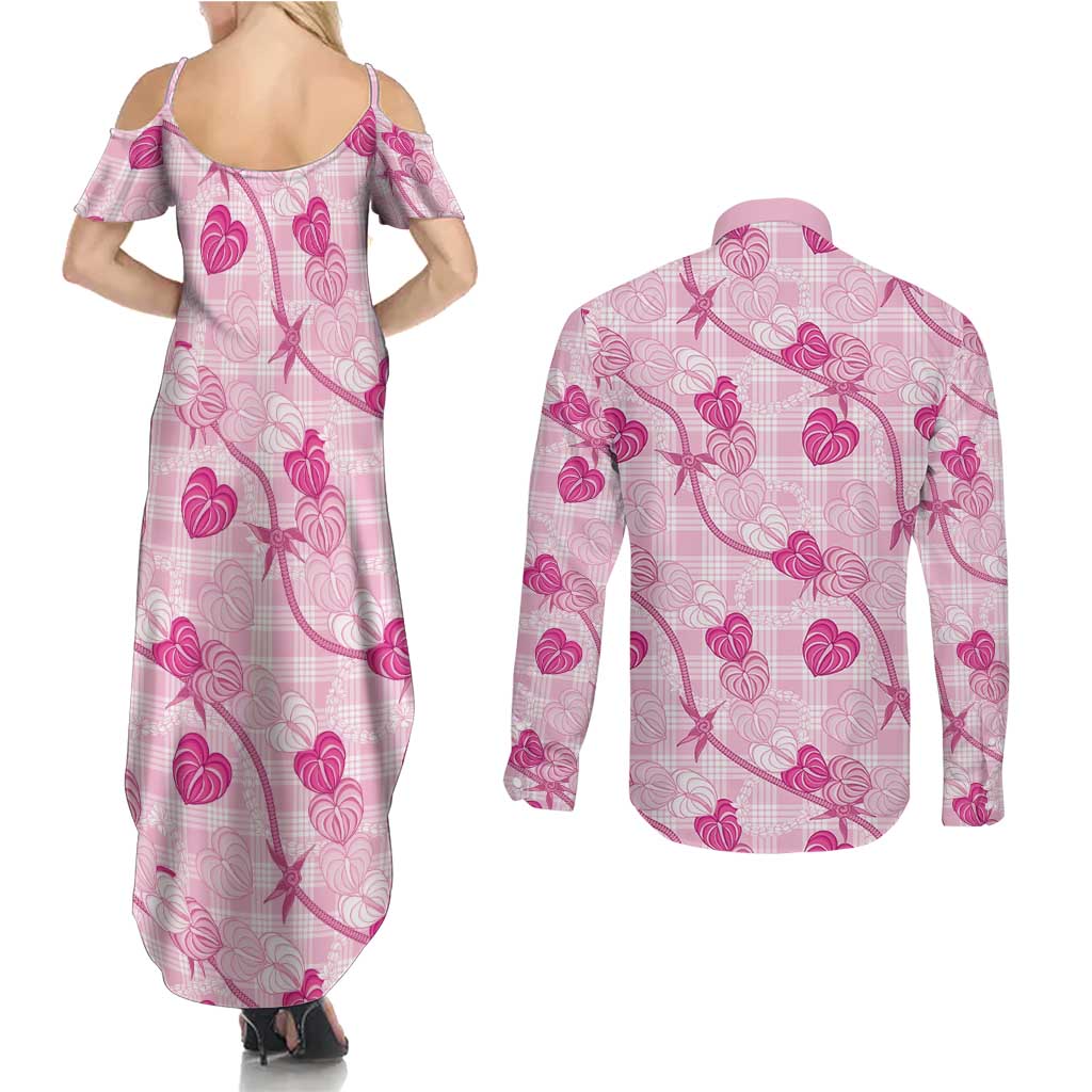 Anthurium Pikake Ti Leaf Palaka Couples Matching Summer Maxi Dress and Long Sleeve Button Shirt Pink Version LT01 - Polynesian Pride