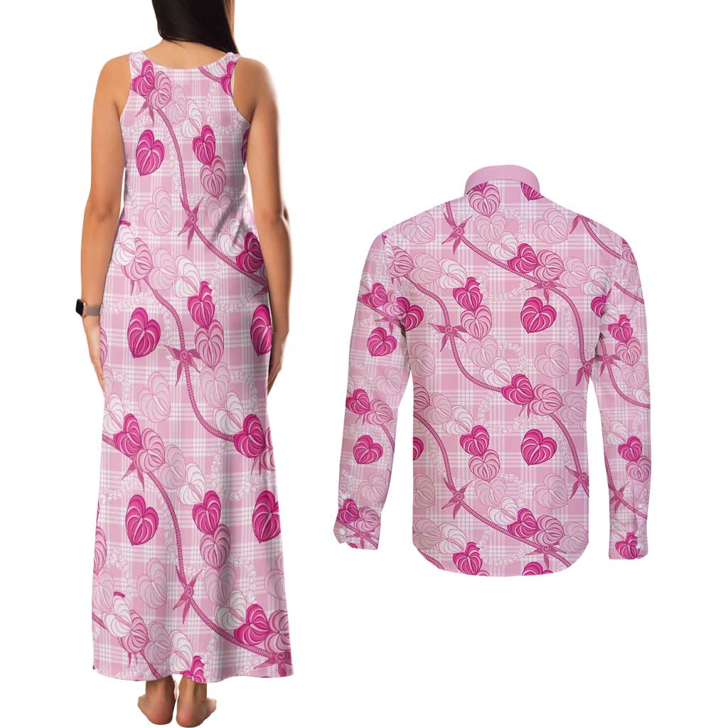 Anthurium Pikake Ti Leaf Palaka Couples Matching Tank Maxi Dress and Long Sleeve Button Shirt Pink Version LT01 - Polynesian Pride