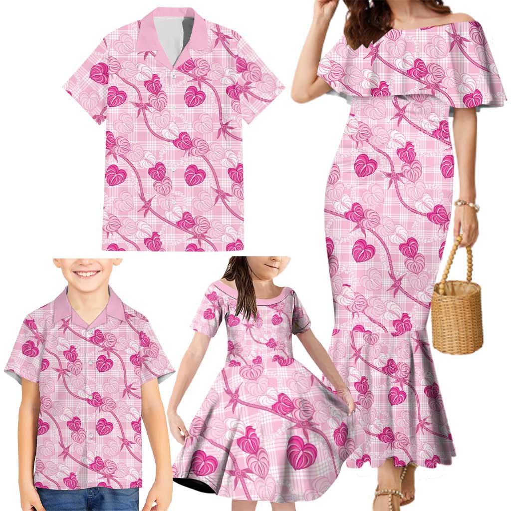 Anthurium Pikake Ti Leaf Palaka Family Matching Mermaid Dress and Hawaiian Shirt Pink Version LT01 - Polynesian Pride