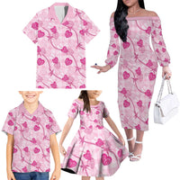 Anthurium Pikake Ti Leaf Palaka Family Matching Off The Shoulder Long Sleeve Dress and Hawaiian Shirt Pink Version