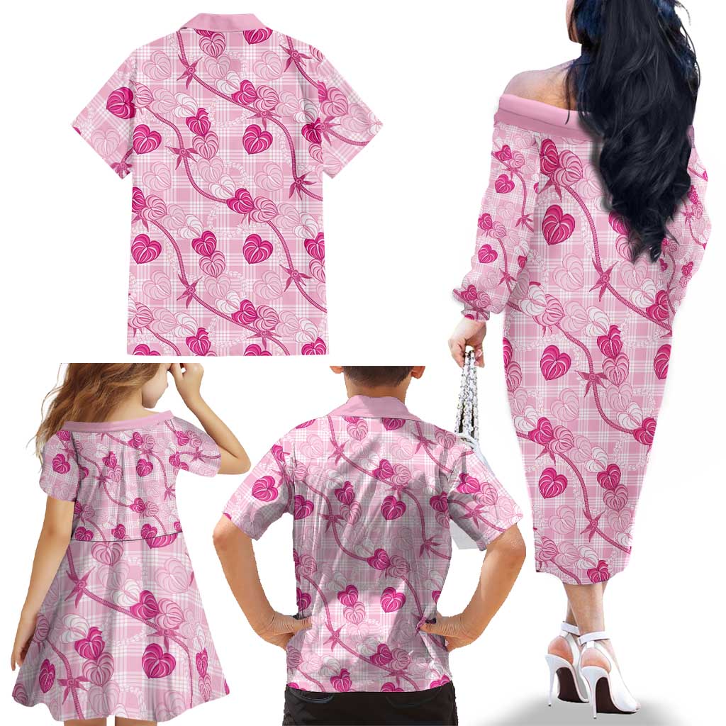 Anthurium Pikake Ti Leaf Palaka Family Matching Off The Shoulder Long Sleeve Dress and Hawaiian Shirt Pink Version