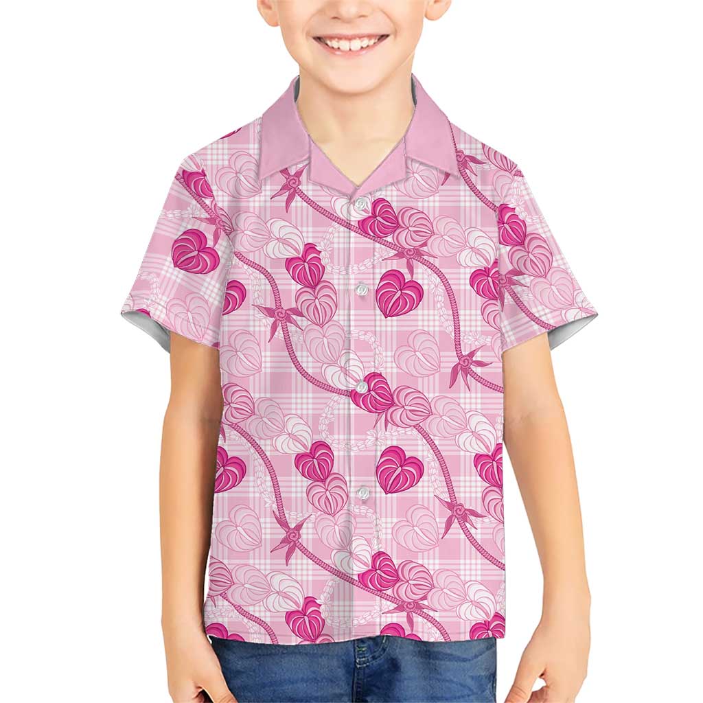 Anthurium Pikake Ti Leaf Palaka Family Matching Off The Shoulder Long Sleeve Dress and Hawaiian Shirt Pink Version