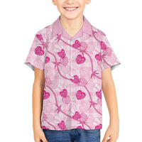 Anthurium Pikake Ti Leaf Palaka Family Matching Off The Shoulder Long Sleeve Dress and Hawaiian Shirt Pink Version