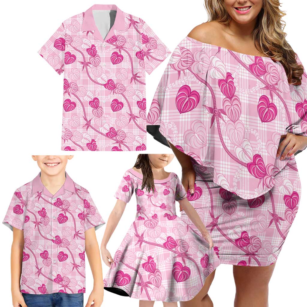 Anthurium Pikake Ti Leaf Palaka Family Matching Off Shoulder Short Dress and Hawaiian Shirt Pink Version LT01 - Polynesian Pride