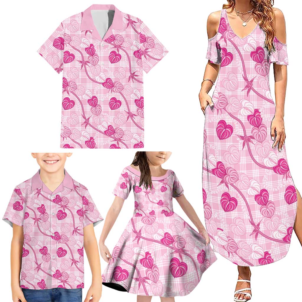 Anthurium Pikake Ti Leaf Palaka Family Matching Summer Maxi Dress and Hawaiian Shirt Pink Version LT01 - Polynesian Pride