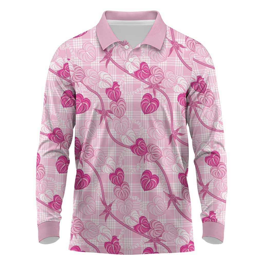 Anthurium Pikake Ti Leaf Palaka Long Sleeve Polo Shirt Pink Version
