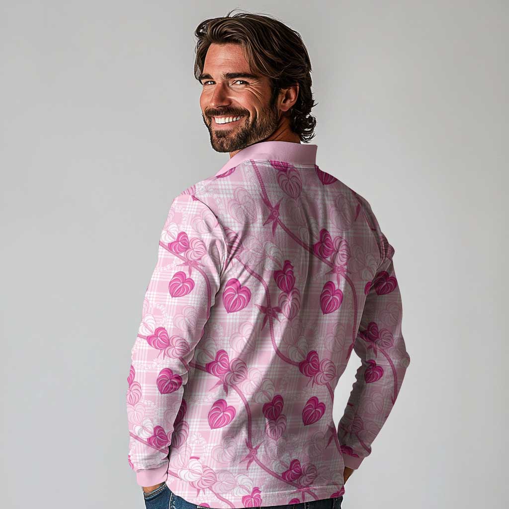 Anthurium Pikake Ti Leaf Palaka Long Sleeve Polo Shirt Pink Version