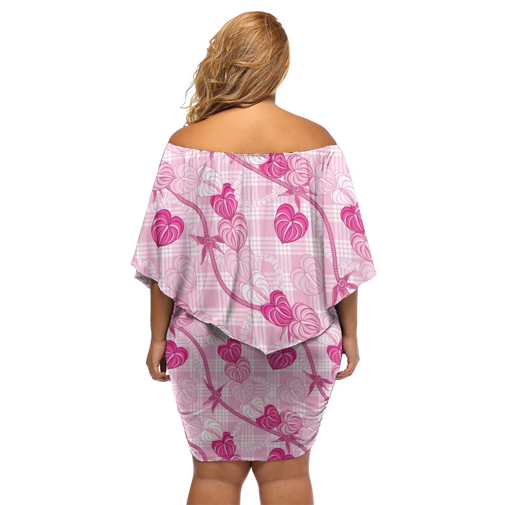 Anthurium Pikake Ti Leaf Palaka Off Shoulder Short Dress Pink Version LT01 - Polynesian Pride