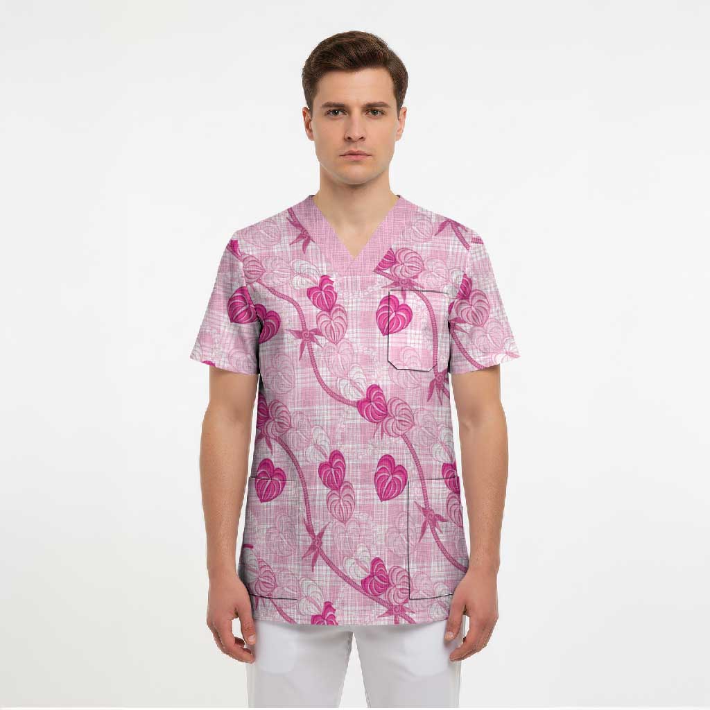 Anthurium Pikake Ti Leaf Palaka Scrub Top Pink Version LT01 - Polynesian Pride
