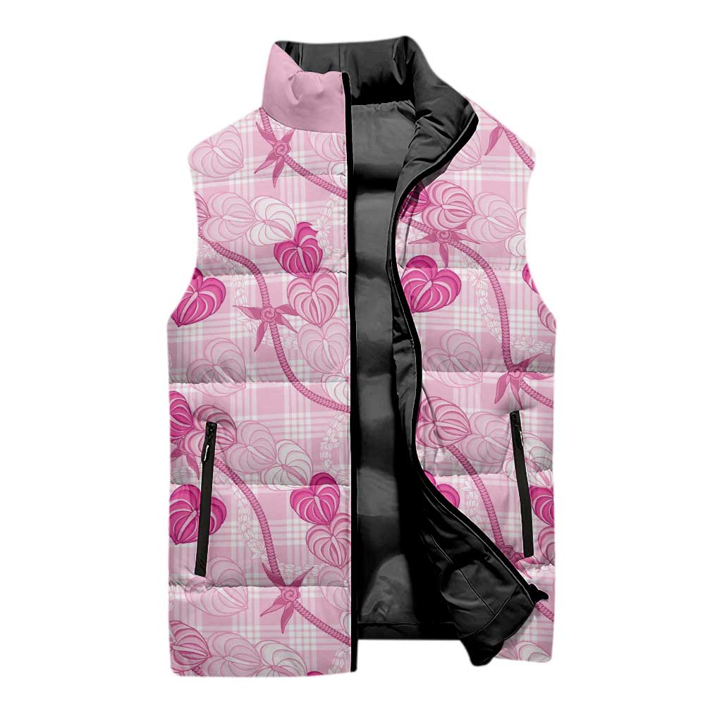 Anthurium Pikake Ti Leaf Palaka Sleeveless Puffer Jacket Pink Version LT01 - Polynesian Pride