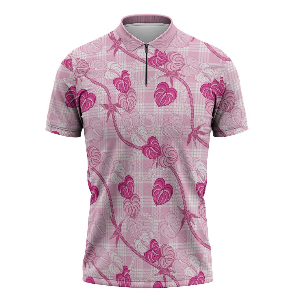Anthurium Pikake Ti Leaf Palaka Zipper Polo Shirt Pink Version
