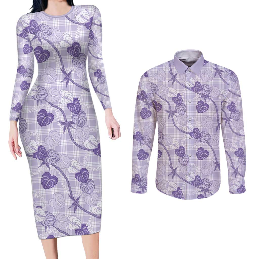 Anthurium Pikake Ti Leaf Palaka Couples Matching Long Sleeve Bodycon Dress and Long Sleeve Button Shirt Purple Version LT01 Purple - Polynesian Pride