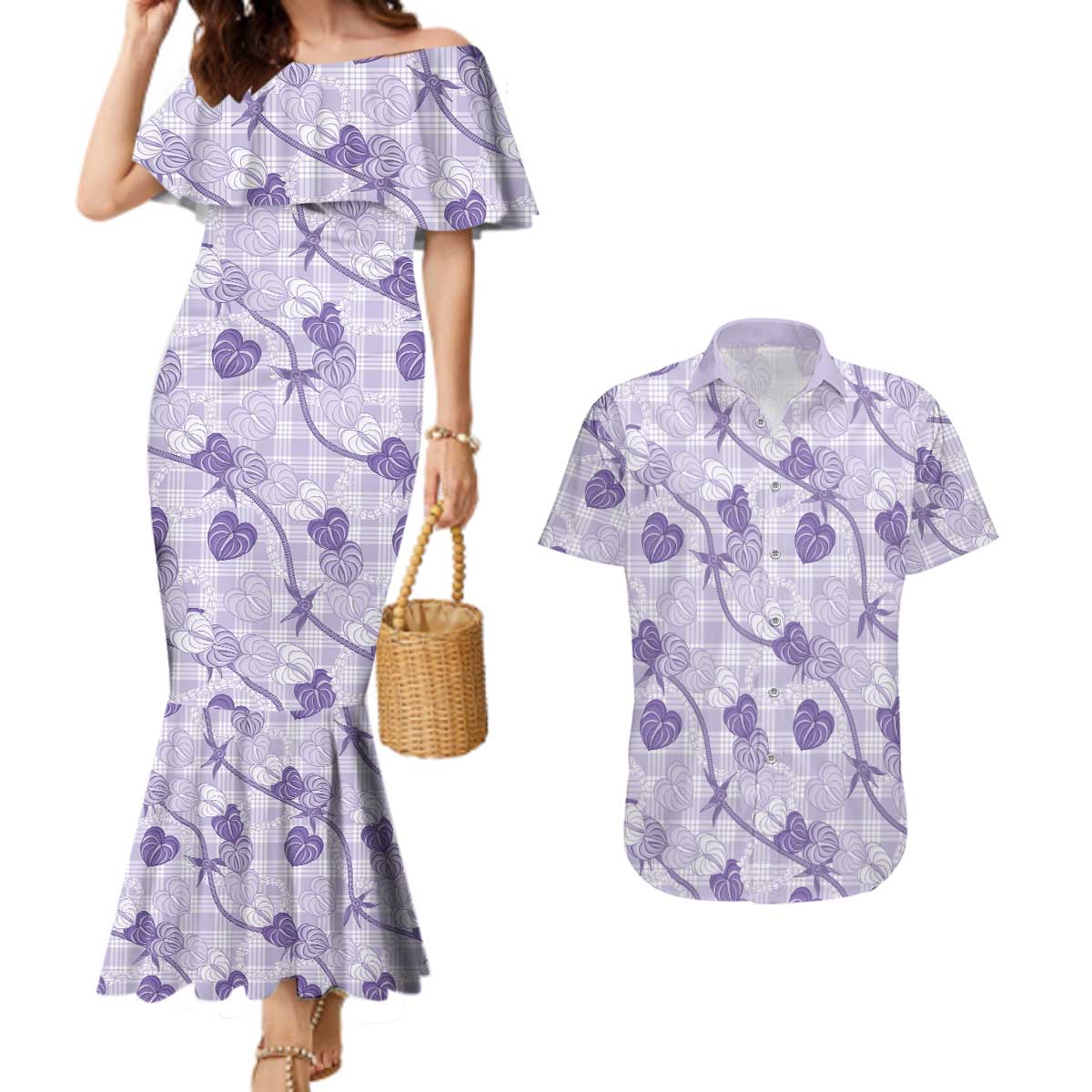 Anthurium Pikake Ti Leaf Palaka Couples Matching Mermaid Dress and Hawaiian Shirt Purple Version LT01 Purple - Polynesian Pride