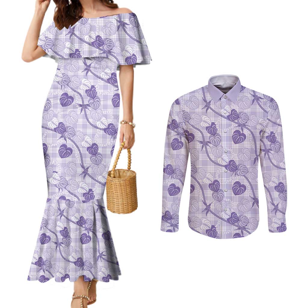 Anthurium Pikake Ti Leaf Palaka Couples Matching Mermaid Dress and Long Sleeve Button Shirt Purple Version LT01 Purple - Polynesian Pride