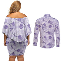 Anthurium Pikake Ti Leaf Palaka Couples Matching Off Shoulder Short Dress and Long Sleeve Button Shirt Purple Version LT01 - Polynesian Pride