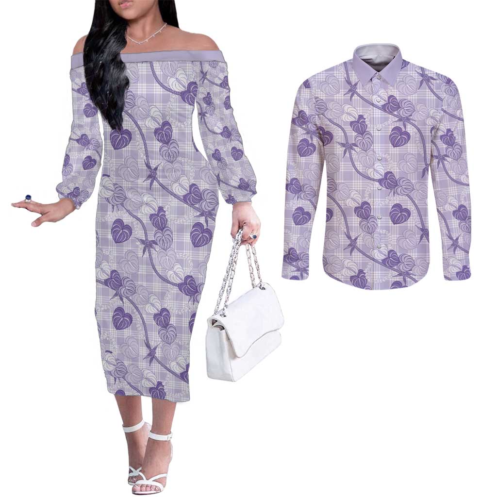 Anthurium Pikake Ti Leaf Palaka Couples Matching Off The Shoulder Long Sleeve Dress and Long Sleeve Button Shirt Purple Version LT01 Purple - Polynesian Pride