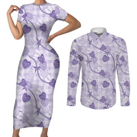 Anthurium Pikake Ti Leaf Palaka Couples Matching Short Sleeve Bodycon Dress and Long Sleeve Button Shirt Purple Version LT01 Purple - Polynesian Pride