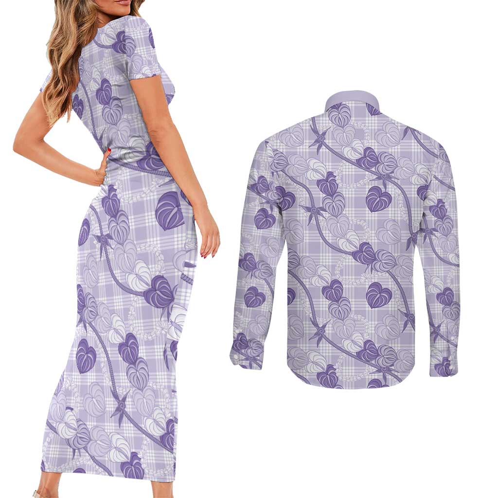 Anthurium Pikake Ti Leaf Palaka Couples Matching Short Sleeve Bodycon Dress and Long Sleeve Button Shirt Purple Version LT01 - Polynesian Pride