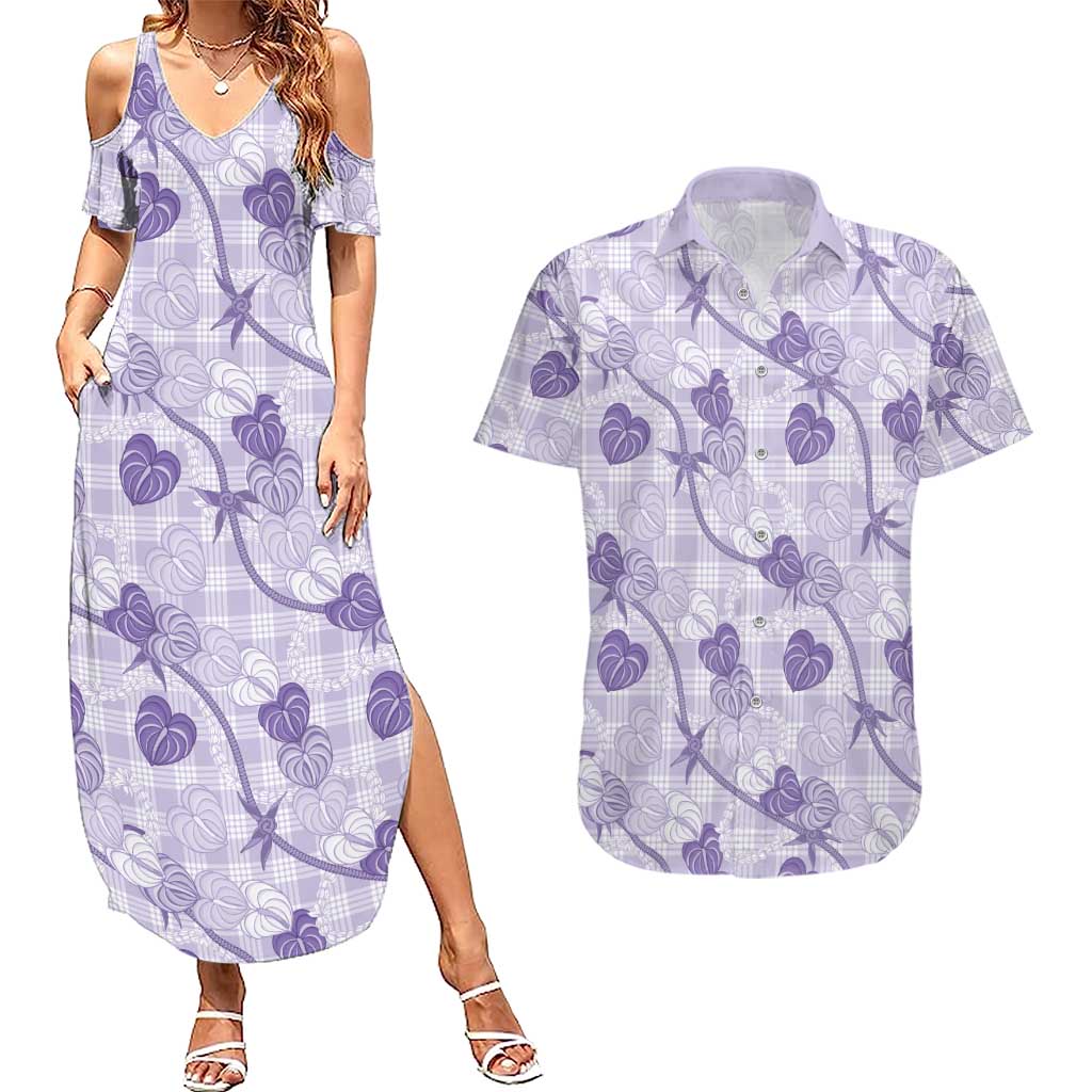 Anthurium Pikake Ti Leaf Palaka Couples Matching Summer Maxi Dress and Hawaiian Shirt Purple Version LT01 Purple - Polynesian Pride